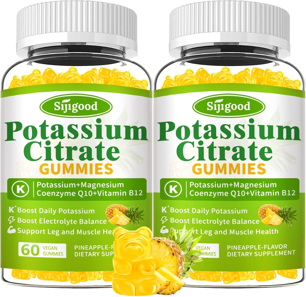 2 Pack Kalijev Citrat Gumiji – Visoka moč Kalijev dodatek za zdravje mišic, Leg Cramp Relief, Elektrolit Balance – Vegan, Ne-GMO, Gluten-free, Ananas Flavor, 120 Število