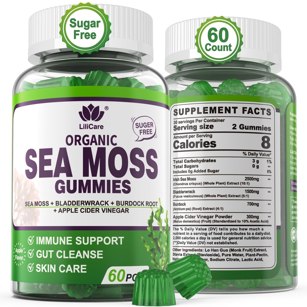Sea Moss Gumies - Irish Sea Moss Gumies za odrasle in otroke - Napredna Superfood Seamoss dodatek z organsko Bladderwrack & Burdock koren ekstrakt, ACV za dnevno imuno, Gut čiščenje, Vegan, 60 grofov