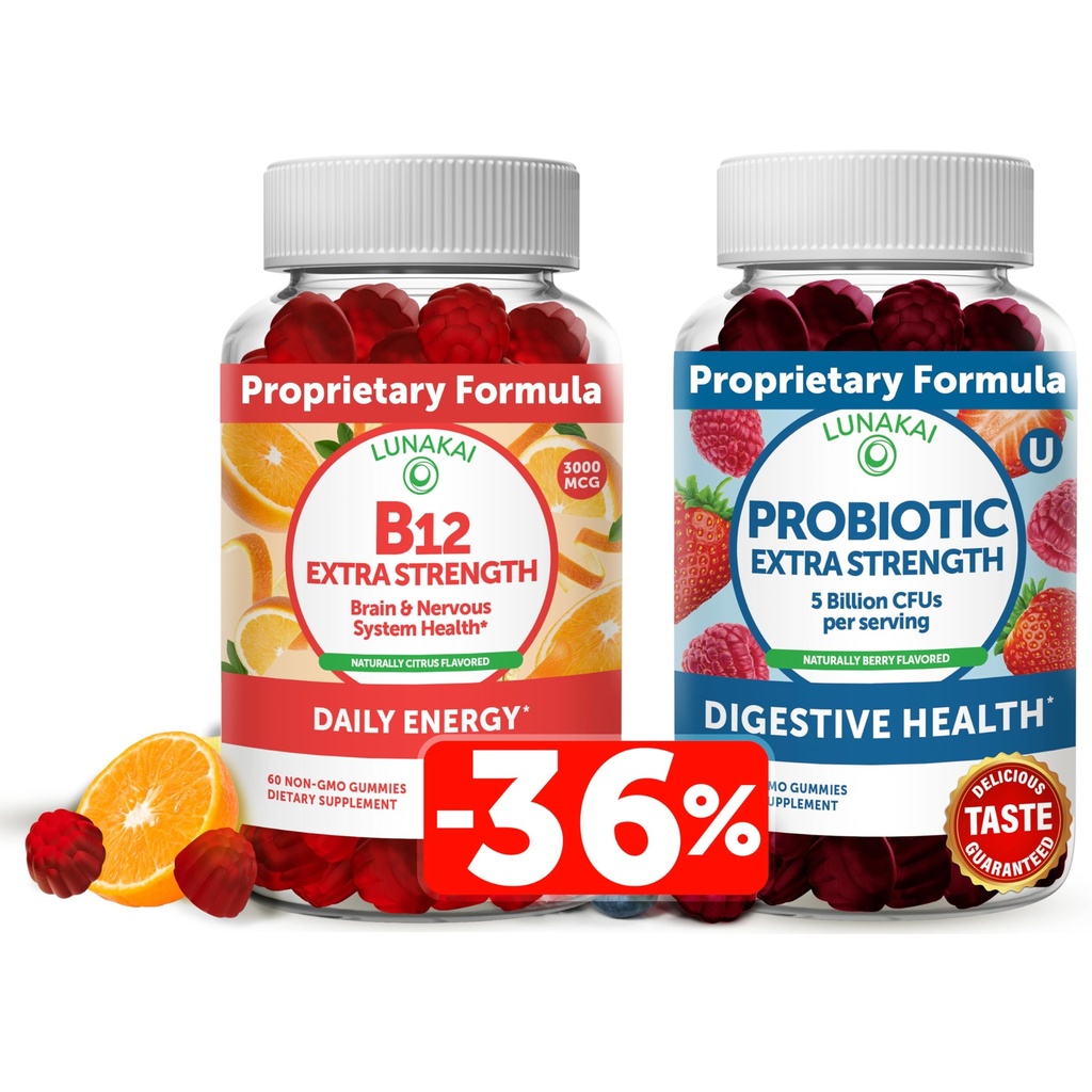 Lunakai Vitamin B12 in Probiotic Gummies Bundele - 3000 mcg Gummy za odrasle Energetska podpora in zdravje kosti - 5 milijard CFU na služijo za prebavni Gut zdravje z vitaminom C za ženske in moške