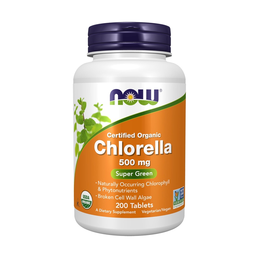 NOW Foods Supplements, Organic Chlorella 500 mg z naravno prisotnim klorofilom, beta karotenom, mešanimi karotenoidi, vitaminom C, železom in beljakovinami, 200 tablet