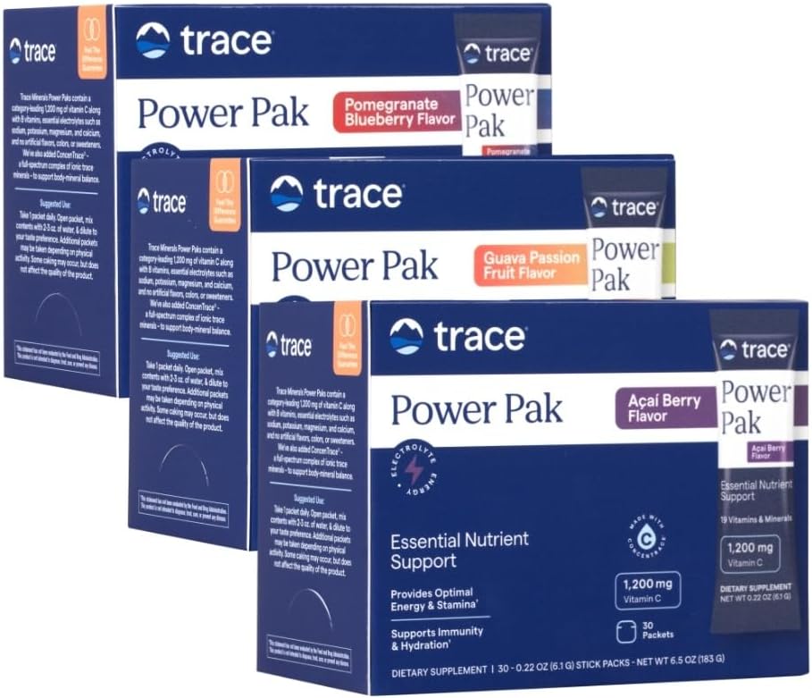 Trace Minerals Power Pak Multivitaminski in multimineralni paketi - podpora za elektrolite - 1200 mg Vitamin C Plus 70 Acai Berry, borovničev granat in Guava Variety - 90 Paketov