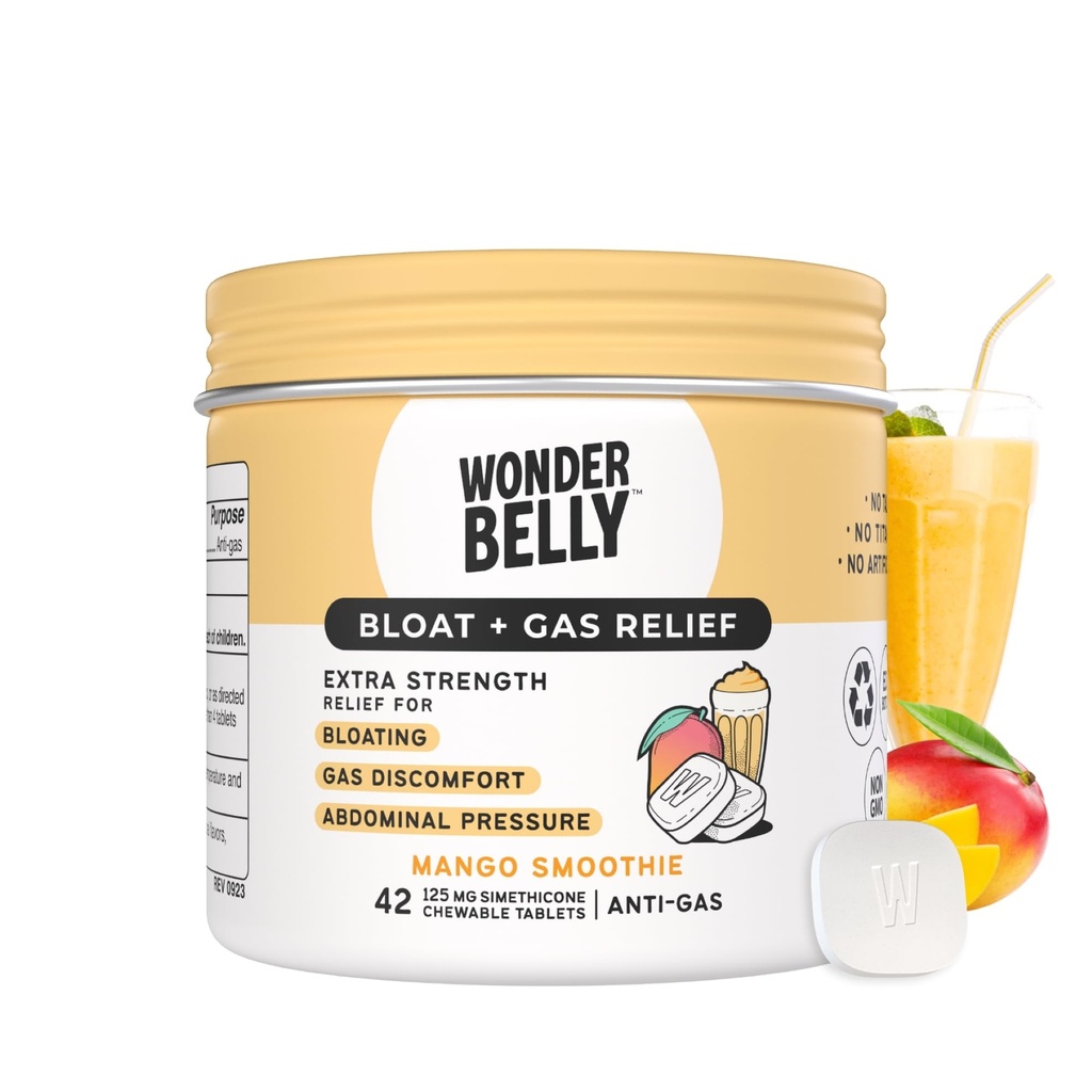 Wonderbelly Bloat + plin Relief, ekstra moč žvečljive tablete, s 125 mg simetikona, brez smukca ali barve, Mango Smoothie, 42 Število
