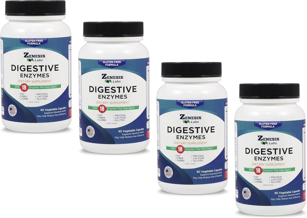 Zenesis Labs Prebavni encimi - z amilazo, bromelainom, proteazo, lipazo in 14 drugimi encimi Oskrba z velikimi kapsulami 360 (4 stekleničke - 90 kapsul/steklenica)