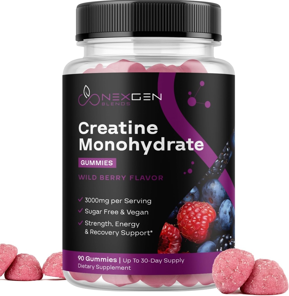 Kreatin monohidrat brez sladkorja Gumiji - veganski kreatin Gumiji za ženske in moške s 3000mg na 3 kreatin žveči podpira energijo in regeneracijo - Gluten brez in ne-GMO - Wild Berry aroma 90ct