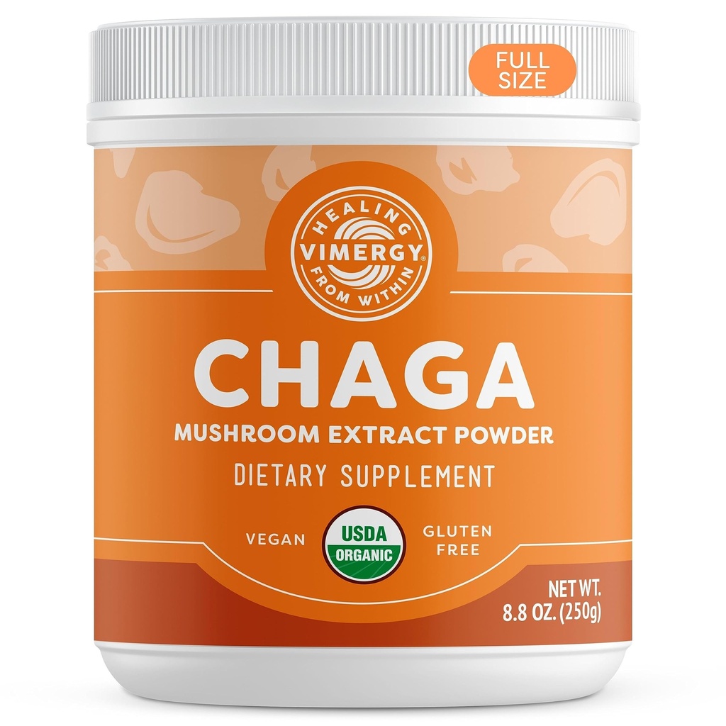 Vimergy USDA Organic Wild Chaga Gobe Extract Powder, 166 Servisi – Idealno v Chaga čaj, kava, napitki – Kardiovaskularna podpora - Košir, Vegan, Brez Gluten, Paleo - Čista Chaga, Brez polnil (250g)