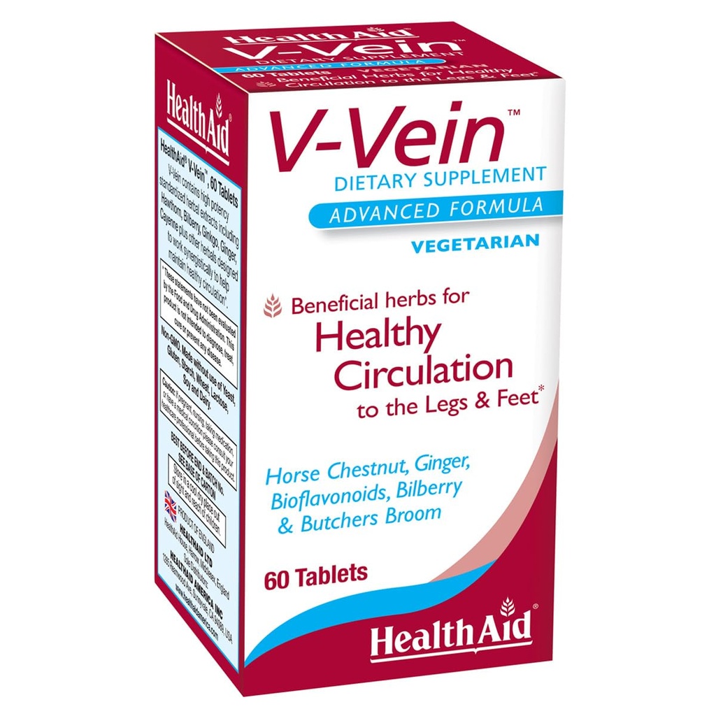 HealthAid V-Vein, koristne hranilne snovi za zdravo kroženje nog in stopal, 60ct, enkrat dnevno, vsebuje Ginkgo, grozdno seme, vitamin C in borovnice, Vegan