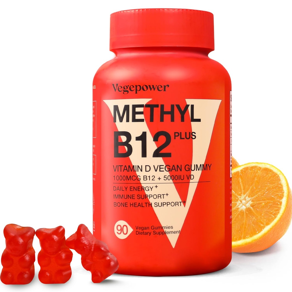 Vitamin B12 D3 Vegan Gummies - 90 Count I 1000 MCG Metil B12 & 5000 i.e. Vitamin D Gummi Žvečljivi dodatki za odrasle in otroke - Imunsko zdravje in dnevno energijo Boost - Non-GMO, Orange