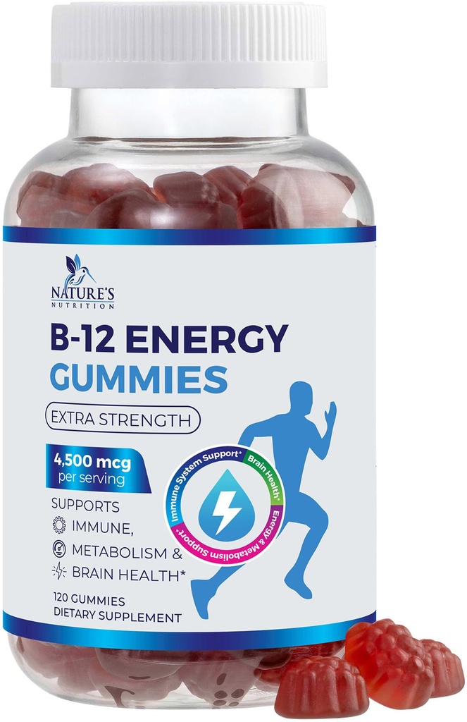 B-12 Vitamin Energy Gummies 4500mcg - Extra Strength B12 Gummy Žvečilni gumi za energetsko presnovo in imuno podporo - Prehranska dopolnila za ženske, moške, & otroke - Non-GMO, Vegan, Berry Flavor - 120 Count