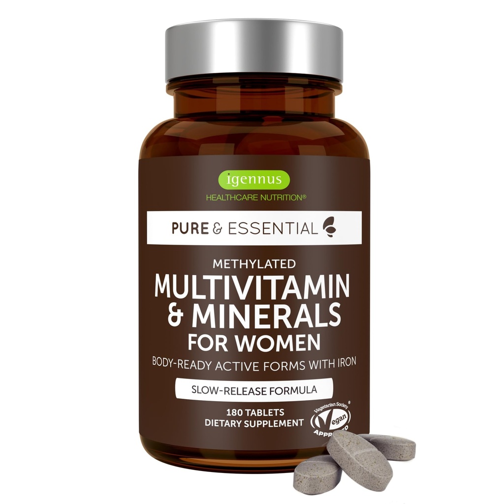 Igennus High Potent Metilirani multivitamin za ženske, Čiste in čiste sestavine, MTHFR dodatek z aktivnimi B-vitamini, Vitamin K2 MK7, Nežno železo, Trajno sproščeno, Ne-GMO & Halal, 180 Tablete