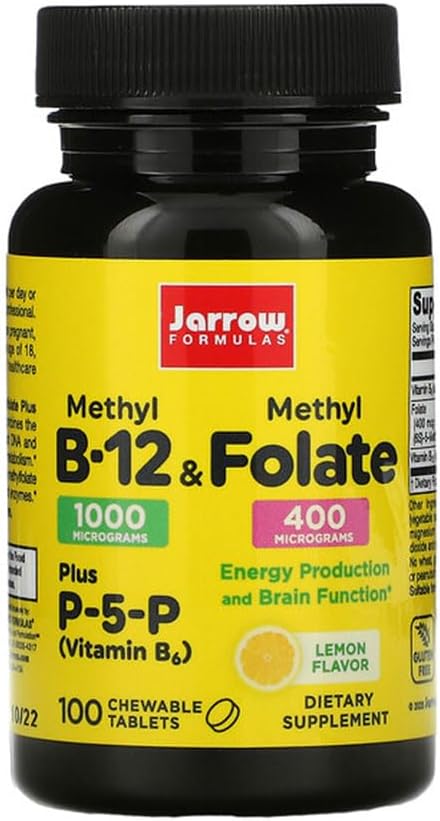 Jarrow Formule Metil B-12 & Metil Folat - 100 žvečljive tablete, limona - Pakiranje 2 - Bioaktivni vitamin B12 & B9 - Podpira proizvodnjo energije, delovanje možganov in presnovo - 200 skupnih serviranja