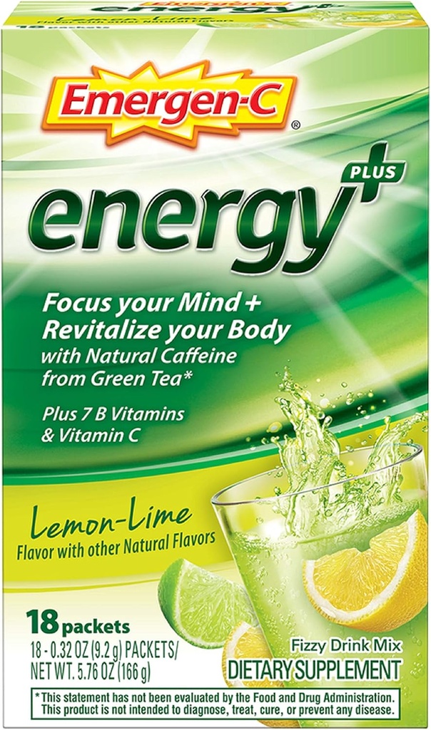 Emergen-C Energy+, z vitamini B, vitaminom C in naravnim kofeinom iz zelenega čaja (18 Count, Blueberry Acai Flavor) Prehranska dopolnila pijača Mix, 0.33 Ounce Powder Packets