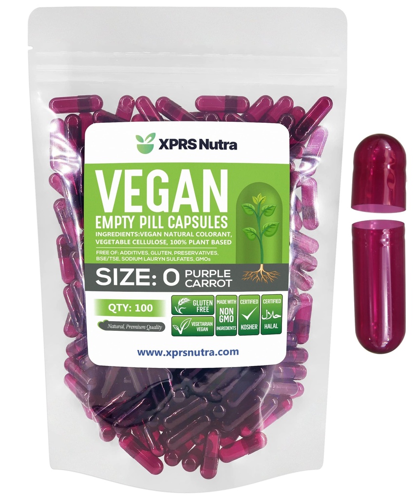 XPRS Nutra Size 0 Prazne kapsule - 100 Štetje Prazne Veganske kapsule - Vegetarijanske tablete - DIY Zelenjavna kapsula Polnjenje - Veggie Pills caps for Do-it-Yourself Supplements (Purple Carrot)