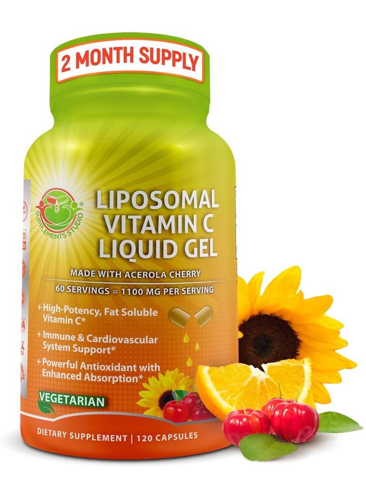 Liposomski vitamin C Tekoči gel Kapsule - 1100mg - Made with Organic Acerola Češnje, Visoka moč Vitamin C Liposomska Imunska podpora dodatek z izboljšano absorpcijo in biorazpoložljivost - 120 števk