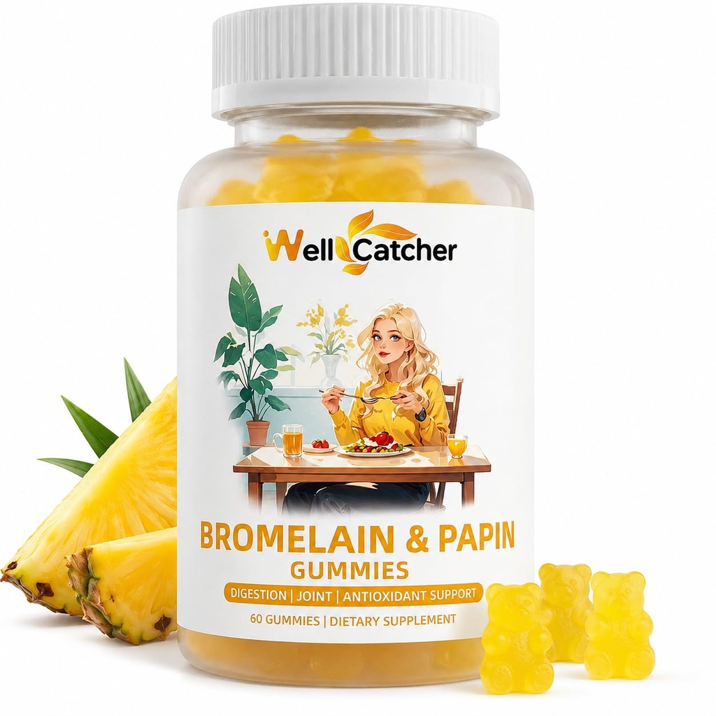 Bromelain Papain Enzyme Gumies Supplement: Bromelain 500MG s Querektin Gumies za odrasle otroke, Organic Bromelain Papaya Enzymes Žvečljivi za digestivno podporo Immunity Antioksidant Vegan 60CT