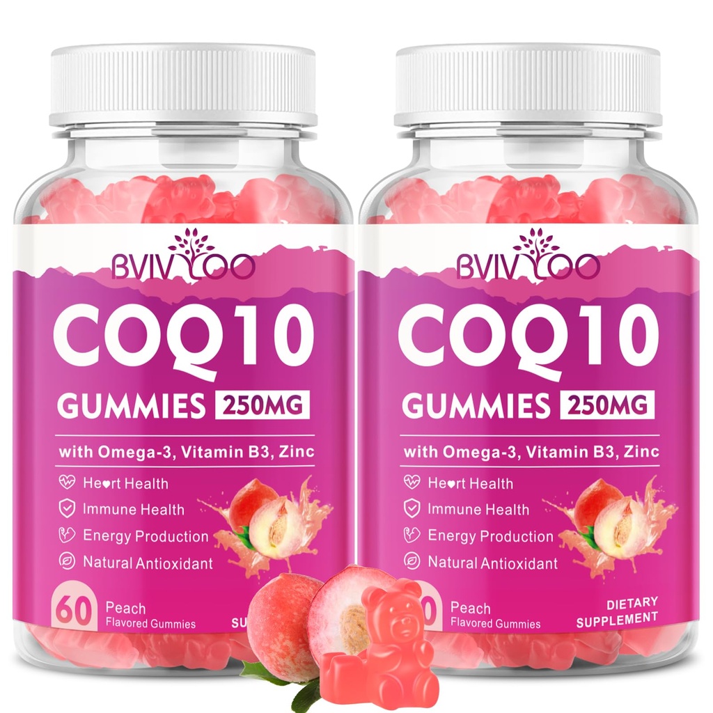 2 Pack CoQ10 Gumies 250mg, Plus Omega-3, Vitamin B3 & cink, Magnezij - Visoko Absorpcijski koencim Q10 Dopolnila za zdravje srca, celično energijo, in antioksidant podporo, 120 Število