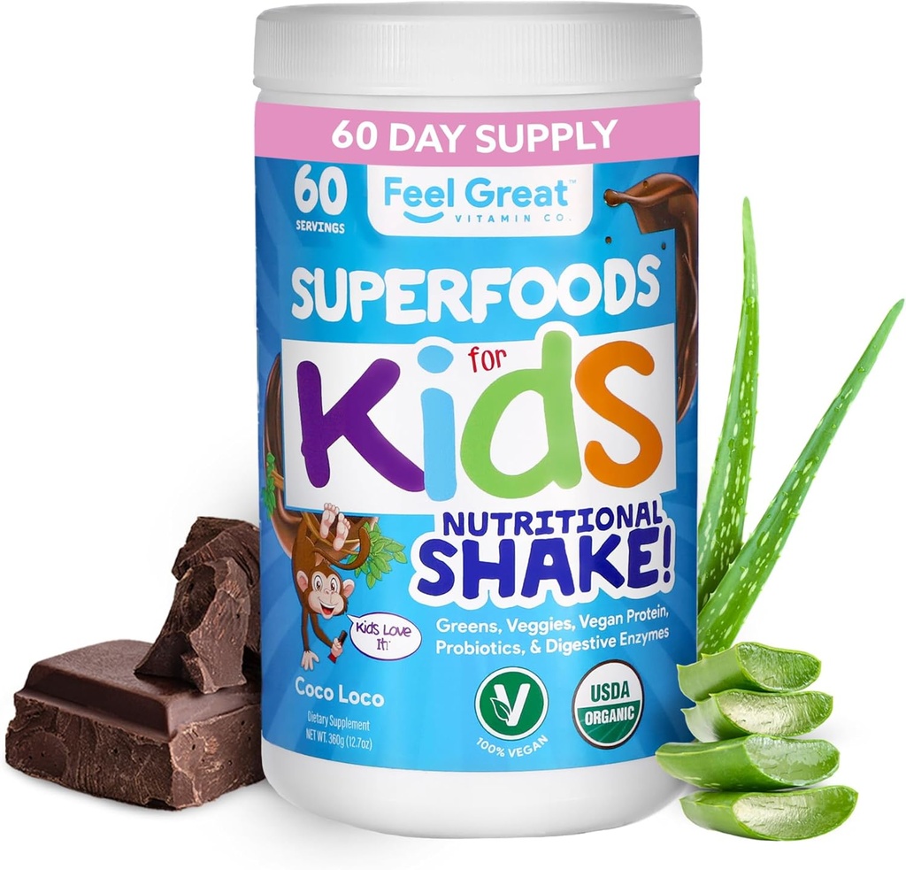 Otroci Organic Super Greens Powder z sadjem in zelenjavo - All-In-One Kids Multivitaminski narejen iz pravih rastlin - Brez sintetičnih vitaminov, brez polnil ali veziv, brez dodanega sladkorja.