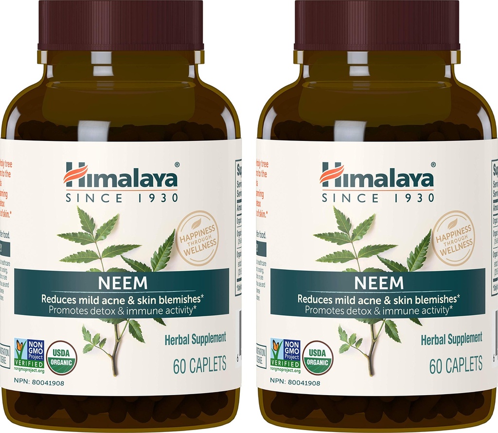 Himalaja Organski Neem Zeliščni dodatek, za blago Acne & Clear Skin, čiščenje, Ayurvedic, USDA Certified Organic, Non-GMO, Vegan, 600 mg, 60 Rastlinski Caplets, 2 Pack