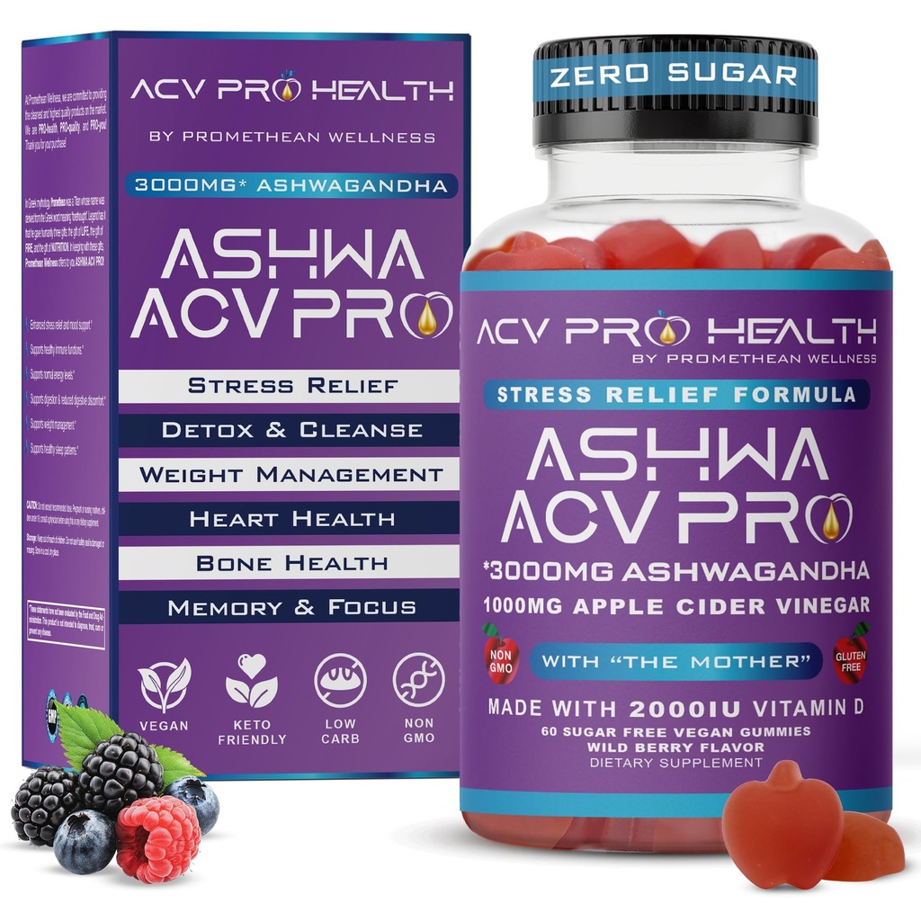 Ashwa ACV Pro Health - Brez sladkorja Apple Cider Gummies z Ashwagandha, Advanced Keto, Stress Relief dopolnila z vitaminom D, 1g Carb Per Gummy Golo