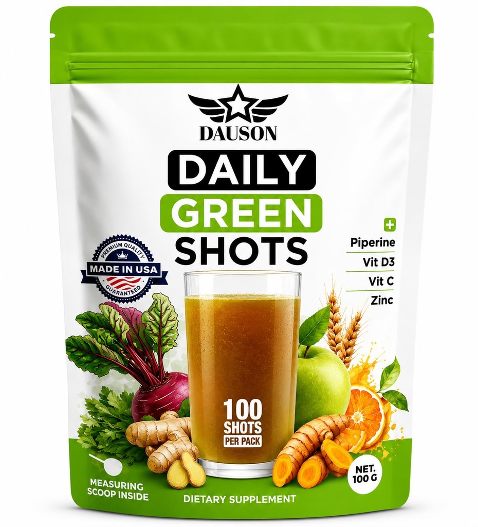 Daily Green Shots – Superfood Powder z Wheatgrass, Matcha, Beetroot, Ashwagandha, Kurkurji & Prebiotiki – Immunity & Energy Support – Vegan Greens dodatek – 100 Shots