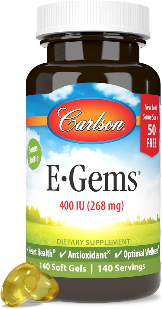 Carlson - E-Gems 400 i.e. (268 mg), naravni vir vitamina E, optimalna Wellness, 140 mehkih gelov