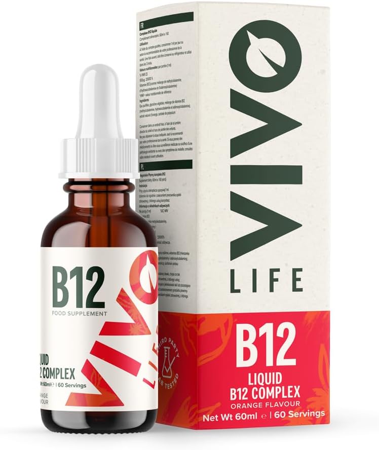 Vivo Life - Vitamin B12 Kompleksni, Visoka moč zdravstvenega dopolnila, Orange Flavor tekoče kapljice, 60ml, 60 Servis