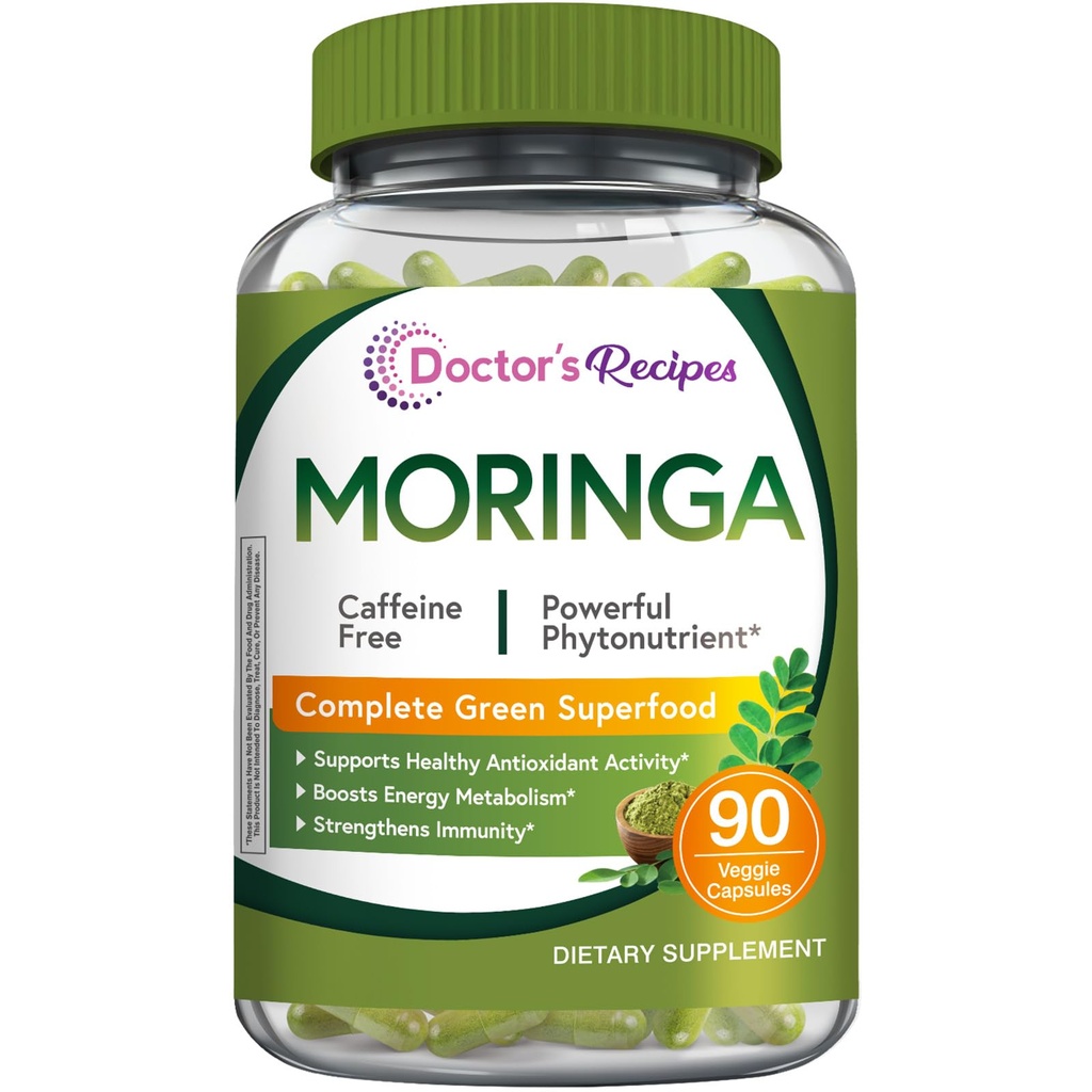 Zdravnik recepti Moringa 11.000 mg moč, popolna zelena superhrana, naravna antioksidant podpora, Non-GMO, 90 Veganske kape, No Caffeine Soy Gluten