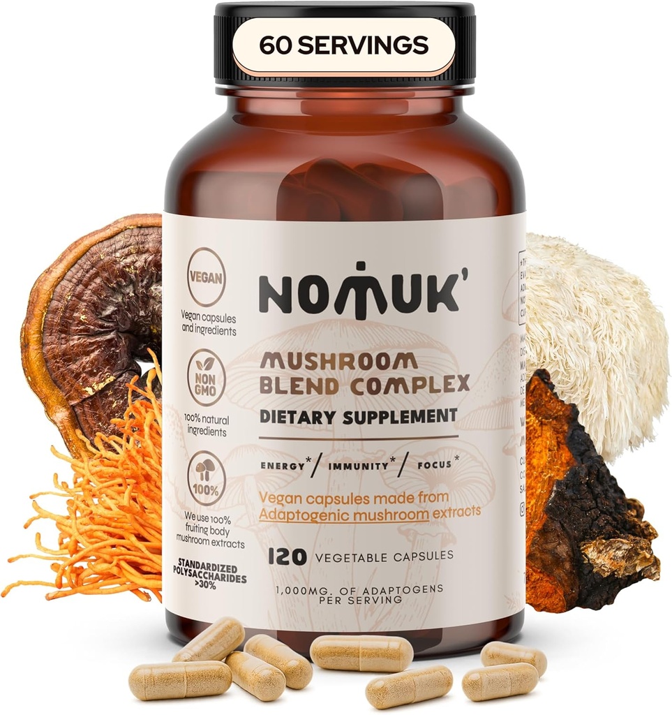 Adaptogeni izvlečki gob Mešanica levov, Reishi, Cordyceps, Chaga dodatek, 120 Kapsule.