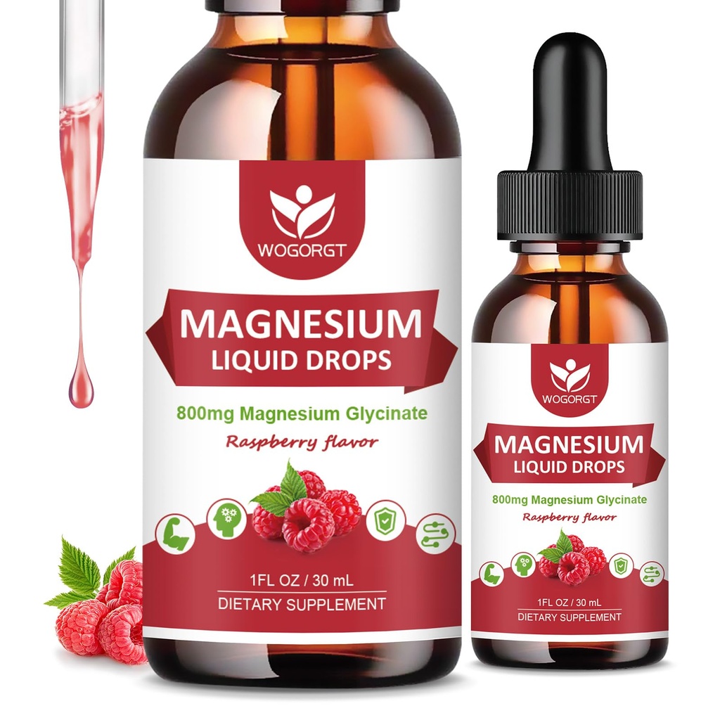 (2 paket) Magnezij Glicinat Tekoče kapljice s Citrat & Taurat - visoka absorpcija 1000mg Tekoči magnezijev kompleks z D3, GABA, L-teanin za kognicijo, mišice & fokus, Raspberry Flavor - 30ml