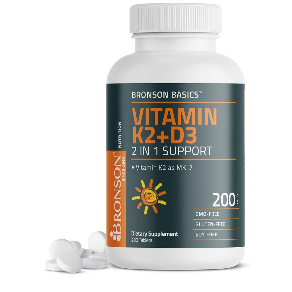 Bronsonov vitamin K2 D3 (MK7) dodatek ne-GMO Formula Vitamin D3 5000IU (125 μg) & 90 μg K2 MK-7, enostavno za pogoltniti D & K kompleks, 200 tablet