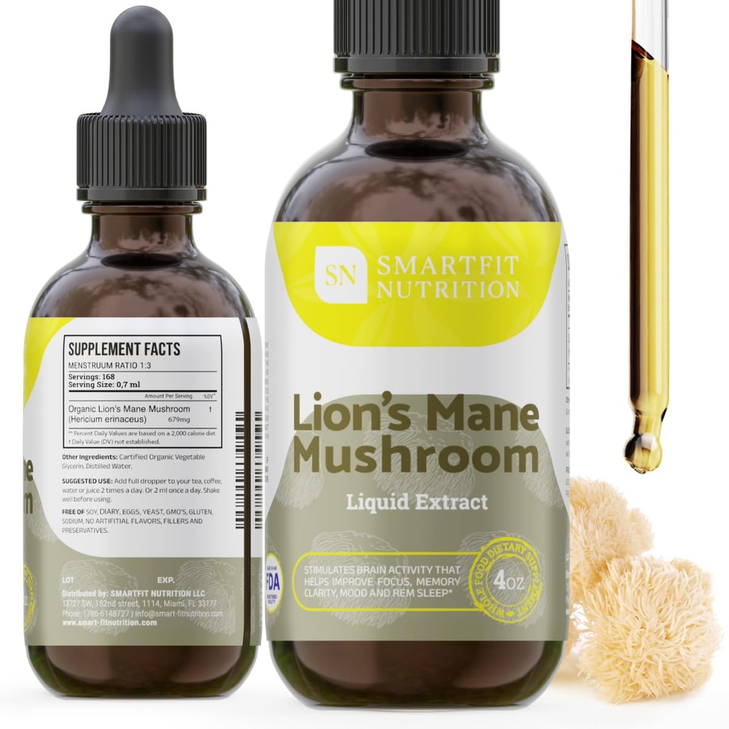 Lions Mane Extract - Levi Mane Tinkture - Izdelano v ZDA - Gobe Dodatek za spomin, Fokus & Clarity - Dnevni dodatek gob - 4 Fl oz.