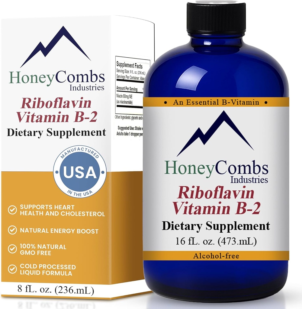 HoneyCombs Vitamin B2 Riboflavin Dodatek tekočinske kapljice - Visoka moč Vitamin B2 za moške in ženske - Ohraniti zdravo prebavo, živčni sistem, lase, kožo, nohti - Veganski tekoči vitamini (16 Fl oz)
