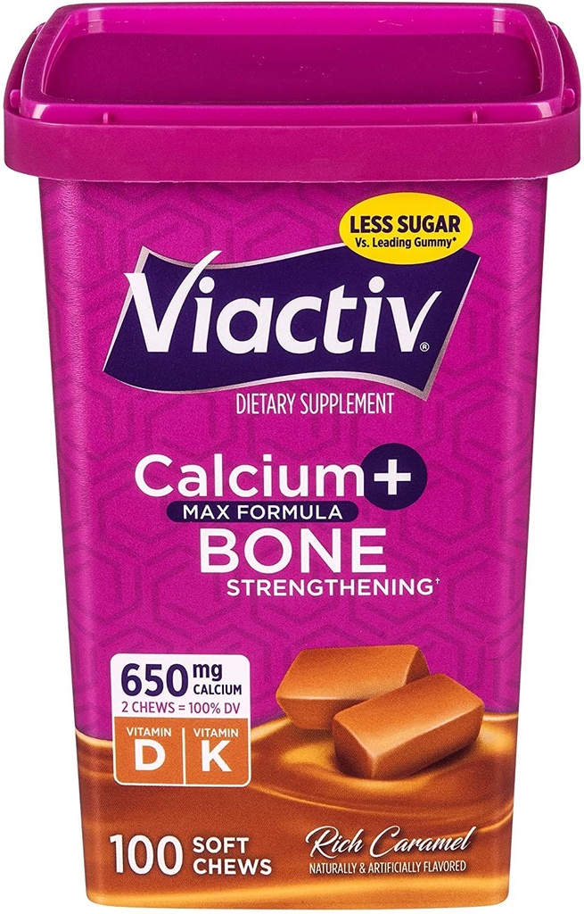 Viactiv Max Formula Kalcij +Vitamin D3 Dodatek za zdravje kosti, Bogata karamela, 100 mehkih žvečil - 5 pakiranje