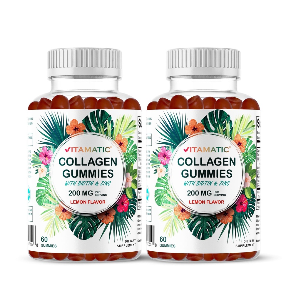 Vitamatski 2 paketi Hidralizirani kolagenski gumiji z vitaminom C, cinkom in biotinom, 200 mg - 60 gumijev (skupaj 120)