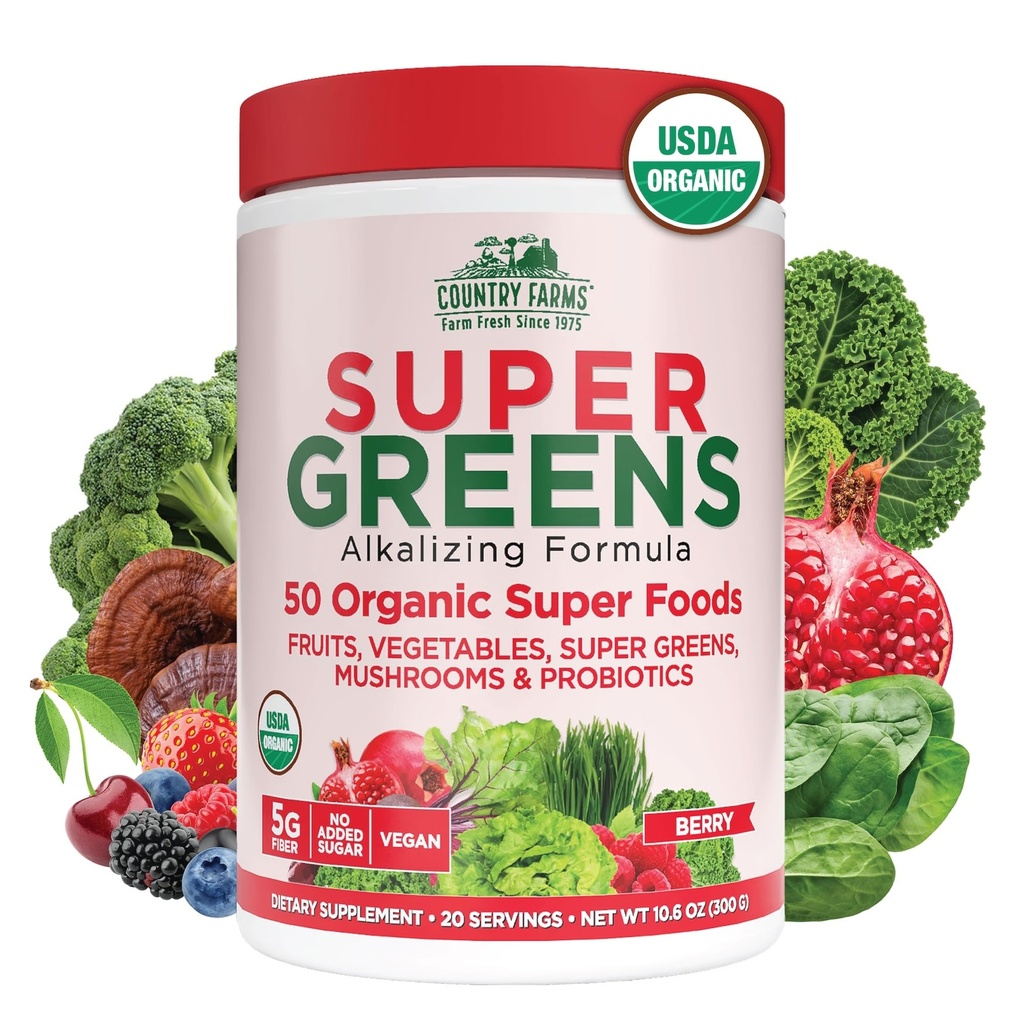 Podeželske kmetije Organic Super Greens Berry Flavor, 50 Organic Super Foods, Packed with Fiber, USDA Organic Drink Mix, Sadje, Zelenjava, Gobe in probiotiki, Podpira energijo, 5g Fiber