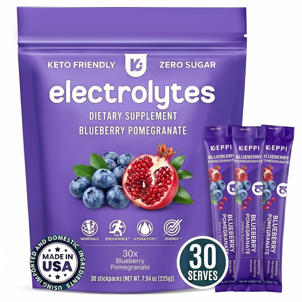 Keppi Electrolytes Powder Packets – Blueberry Pomegranate 30 Servingate – Brez dodatka za hidracijo sladkorja s kalijem, magnezijem, natrijem – Keto, Vegan, Fasting-Freely, Zero Calorie Hidration Packets