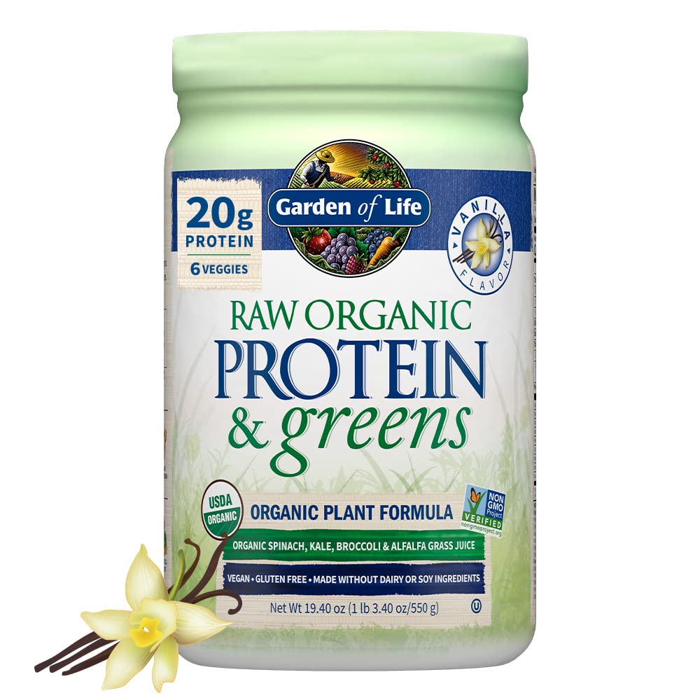 Vrt življenja Raw Organic Protein & Greens Vanilla - Vegan Protein Powder za ženske in moške, Rastline in Pea Proteins, Zeleni in probiotiki, Gluten brez ogljikovih hidratov Shake narejen brez mleka 20 Servinges