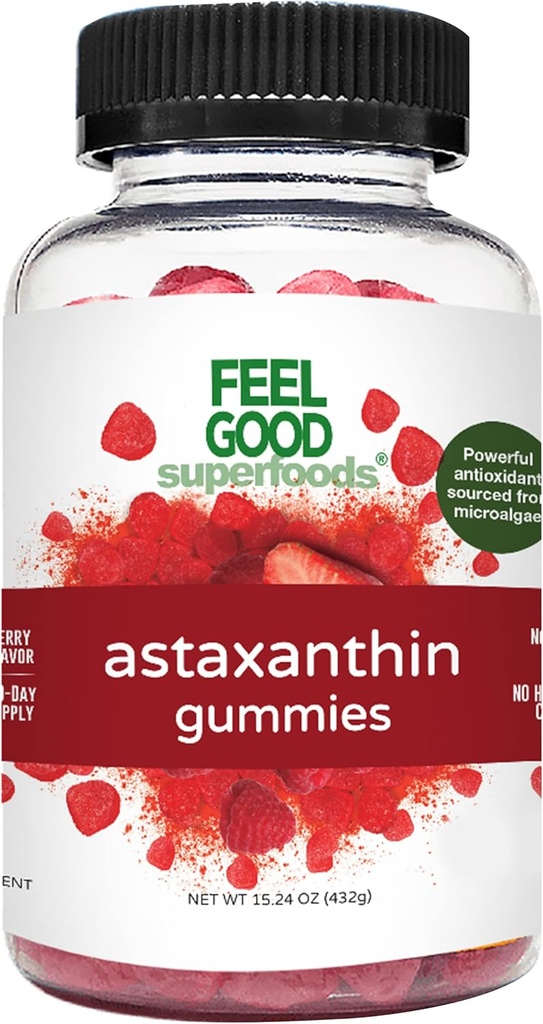 FeelGood Superfoods Astaksantin dopolnila, 6mg Antioksidant Gumies za zdravje kože in oči, Berry Flavor, Vegan, Non-GMO, 60 Count