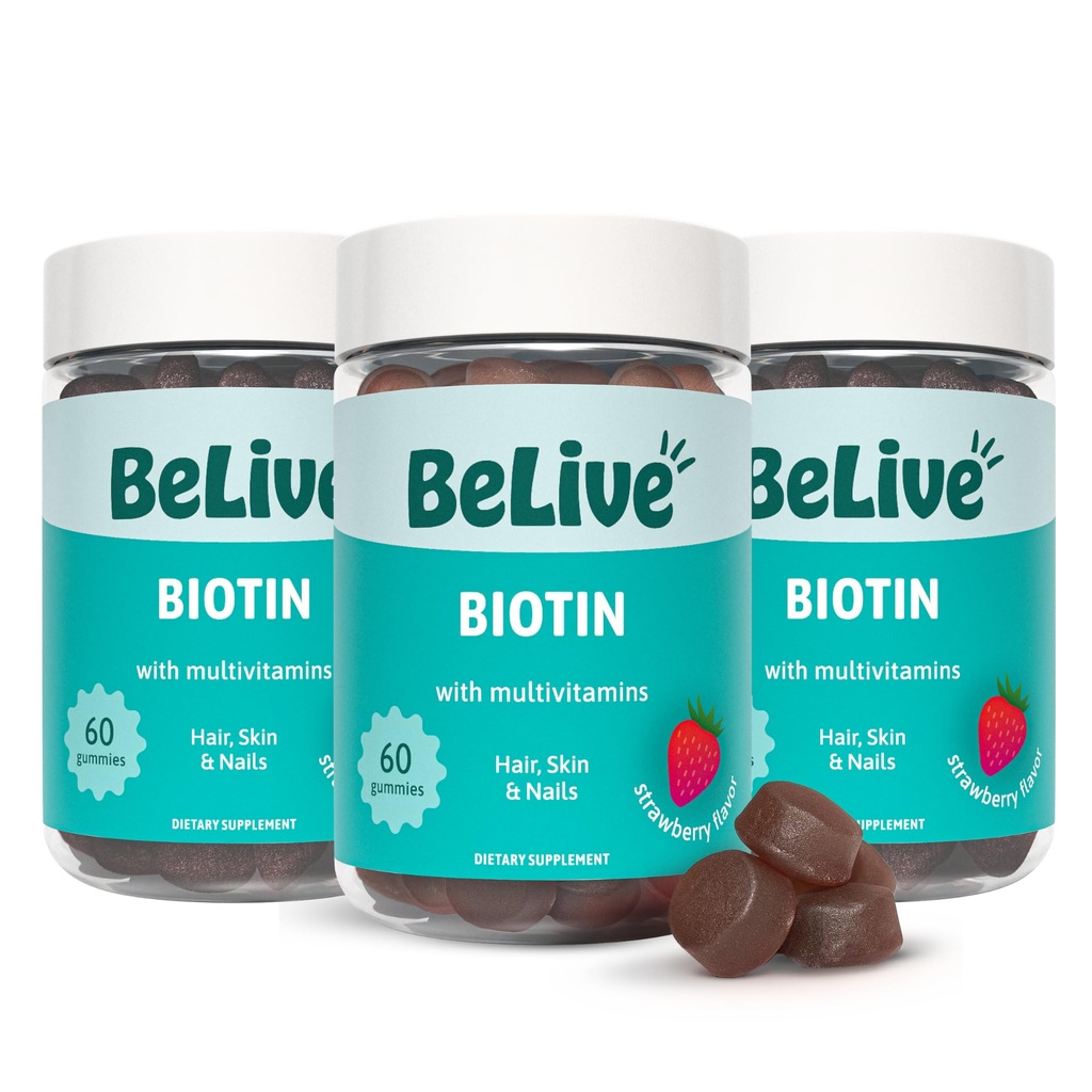 BeLive Biotin Gumies - koža, nohti in vitamini za lase z A, C, D, E, B12, cink, Folat & Inositol, Biotin dodatek za boj proti staranju, energijo in kolagen, multivitaminski gumiji - Jagoda 