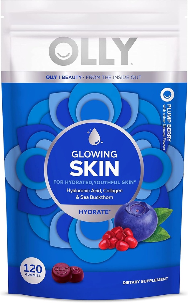 OLY Glowing kože Kolagen Gummy, Hidrirana, Mladostna koža, Hyaluronska kislina, Sea Buckthorn, Žvečljivi dodatek, Berry, 60 Day Supply - 120 Count Pouch (Pack od 6)