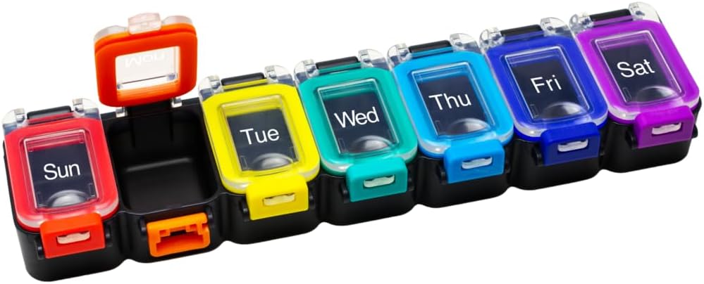 EZY DOSE Weekly (7-dan) Dnevni tablet Planner, Medicine Case, Vitamin Organizator Container, Vodoodporni zaklepanje Kompartmenti za varno predpisovanje in preprečevanje nenamerno razlitje, Rainbow