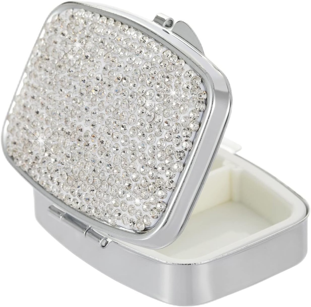 Žepna farmacija Bling 2 kompartment Medicina Organizator majhne srčkan tablete tabletke potovalna škatla zaboj za Purse Square Vitamin Imetnik za žepek(Srebro)