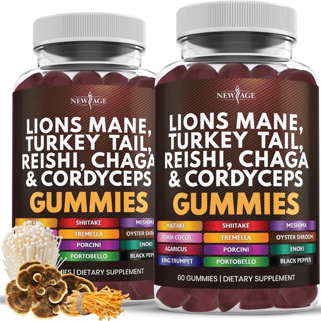 NOVA AGE Lion's Mane Supplement Gumies - Celovit dodatek gob za kognitivno in imuno podporo, z Reishi, Cordyceps - 120 Count