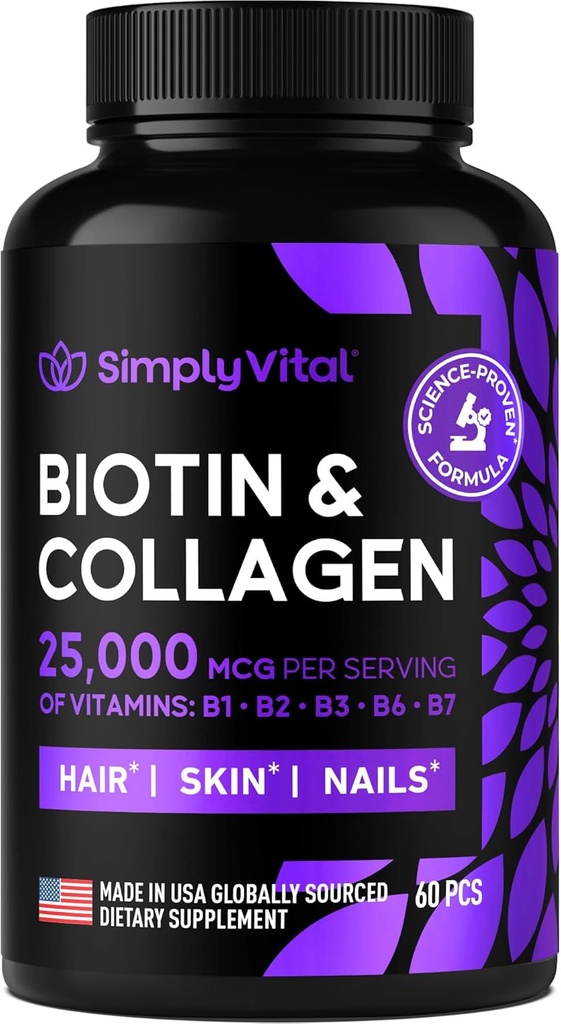 Biotin in kolagen dopolnila s keratin 25000 mcg - las kože in nohti Vitamini s kolagen keratin B kompleks - Izdelano v ZDA - Biotin za rast las Ženske in moški podporo kože in nohti, 60 kapsule