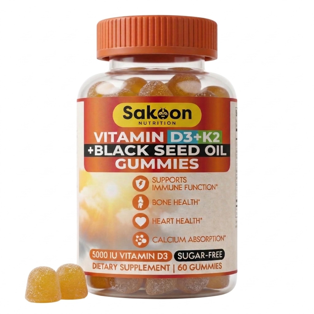 Sakunska prehrana 5000 i.e. vitamin D3 K2 Vitamin dodatek s črnim oljem za kosti, zobje, mišice in imunske zaščite, ne-GMO in gluten brezplačno, 60 Gummy žvečilni