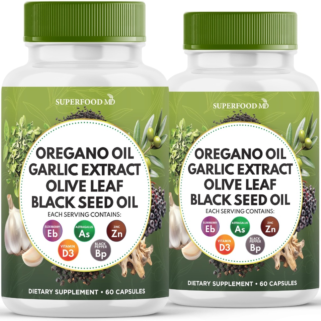 Oregano olje, česen ekstrakt, oljčni list, črno seme olje, Astragalus-Immune podpora & Prebavni zdravstveni dodatek za ženske in moške- 120 Count