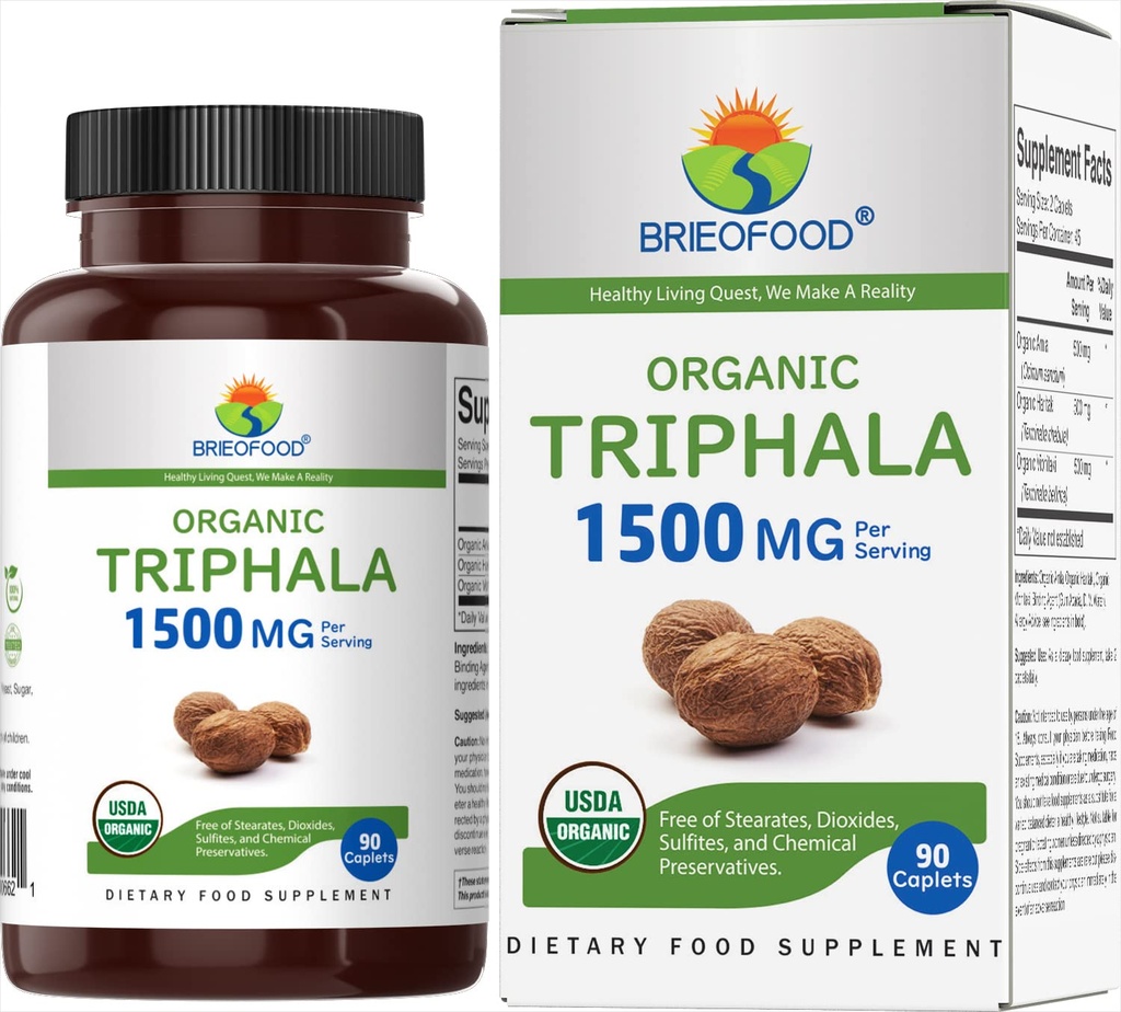 Brieofood Organic Trifala 1500mg, 45 Služabniki, vegetarijanci, Gluten brezplačno, 90 vegetarijanske tablete