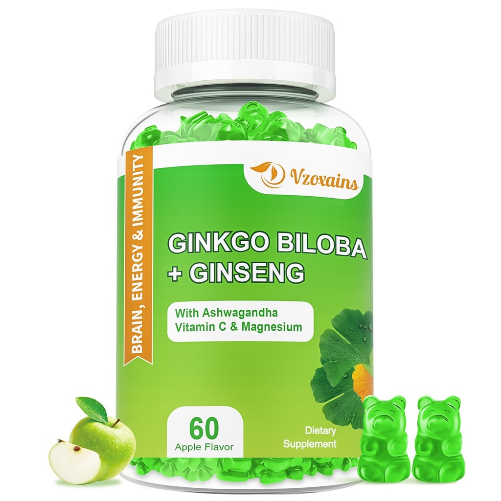 240MG Ginkgo Biloba Gummies z Ginseng in magnezij, Ginko Biloba dopolnila Gummies za fokus možganov, Mood in spomin za odrasle, 60 Cts