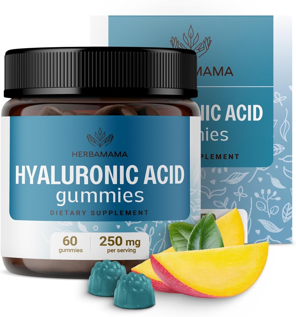 HERBAMAMA Hyaluronska kislina Gumies - 250mg Čista hialuronska kislina za lase, kožo in nohte podpora - Vegan, Non-GMO kože elastičnost dodatek - 60 pektin-based mango-Flavored žveči