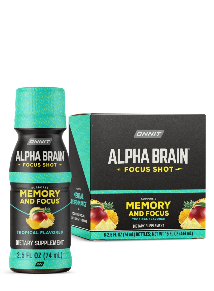 ONNIT Alfa Brain Focus Shot, Tropical Flavor, Nootropic Dietary Supplement Drink, ki podpira energijo, Focus, in Mood, IGENTM Non-GMO Tested, 2,5 fl oz, 6 Count