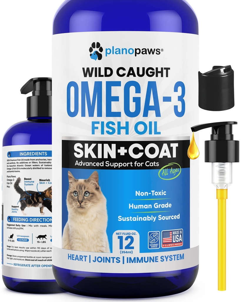 Omega 3 Ribje olje za mačke - bolje kot Salmonovo olje - Kitten & Cat Vitamini in dodatki - Mačji prhljaj zdravljenje - Tekoča ribje olje za hišne živali - Shedding podpora - Mačje zdravstvene oskrbe za vse starosti